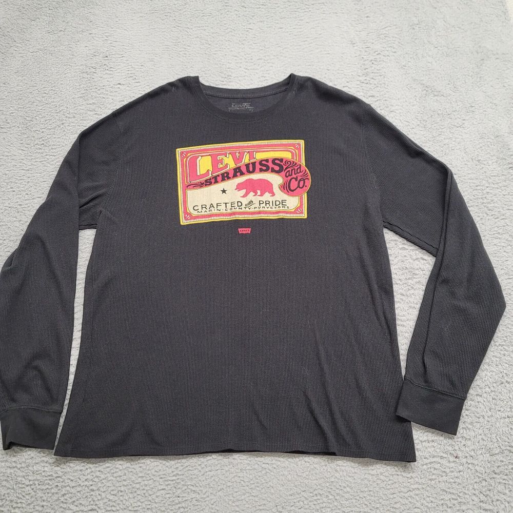 Levis Shirt Mens 2XL Black Thermal Long Sleeve Vintage Logo California‎ Bear